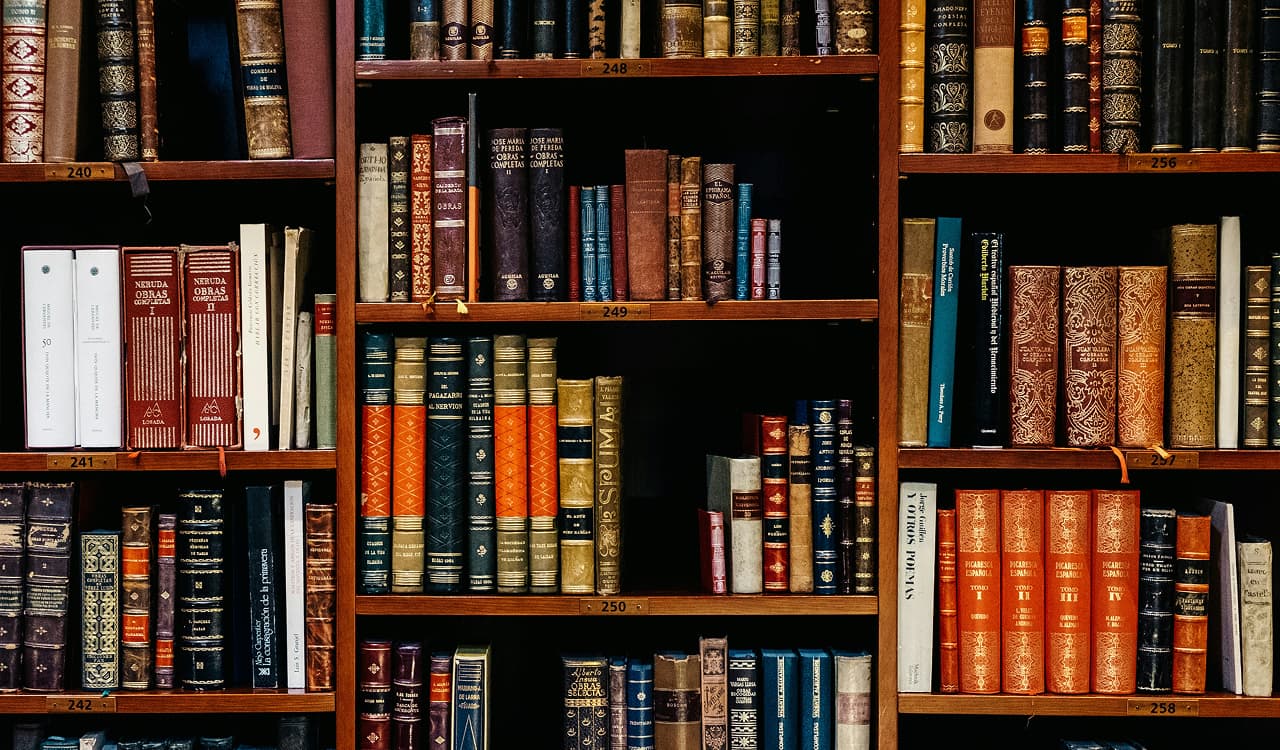 Bookshelves filled with rows of old hardcover books, shelves numbered with labels